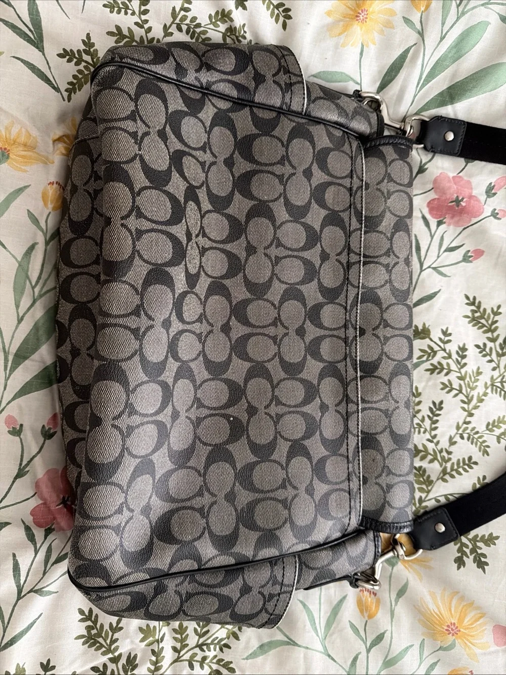 Coach Gray Signature Canvas Messenger Bag with Black Trim